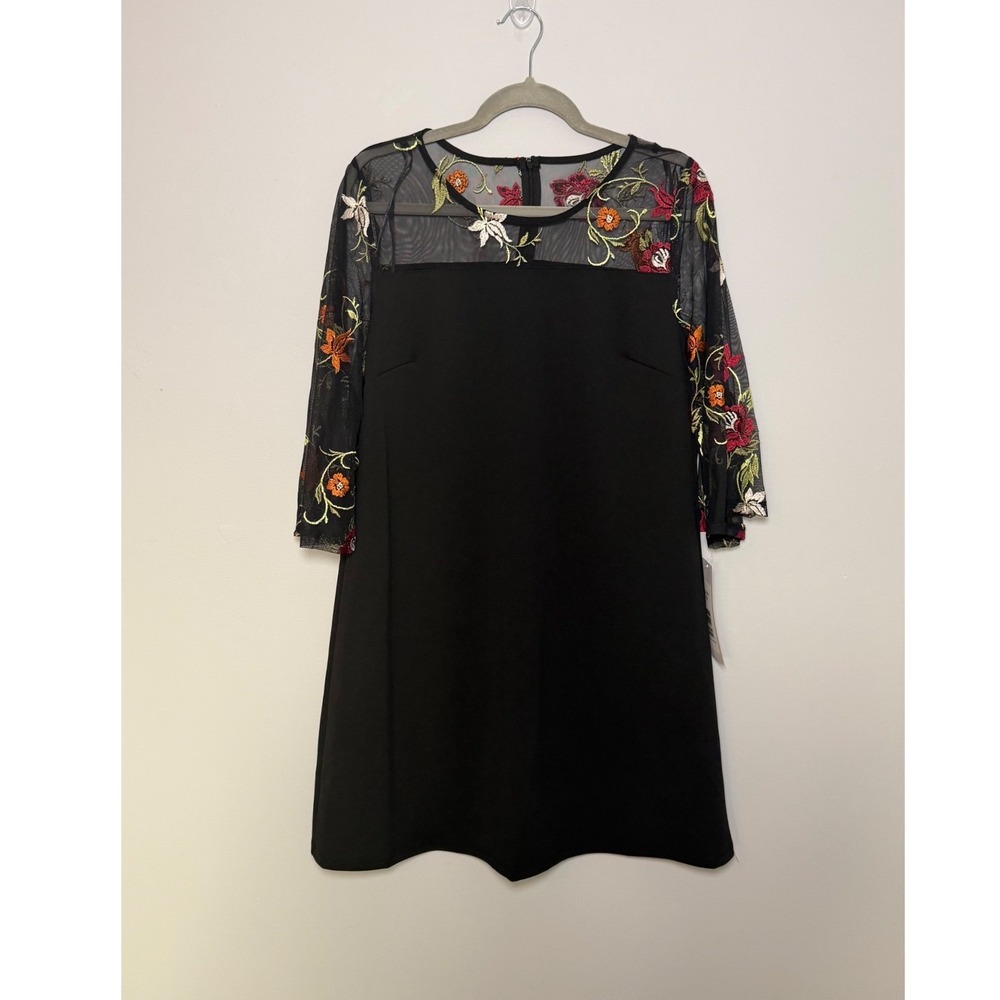 Nina Leonard Floral Embroidered Mesh Sleeve Shift Dress Black L8544A Large